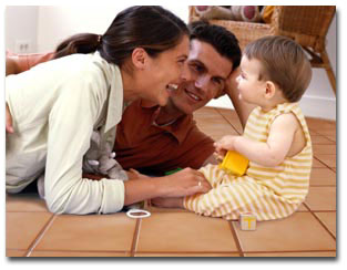 Family on heated tile floor.